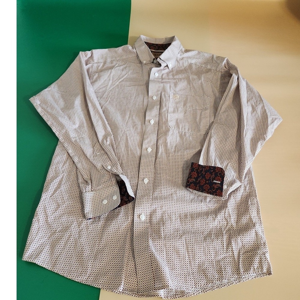 Ariat Button Down Shirt Mens S Tan Geometric Paisley Cuffs Wrinkle Free Long Slv